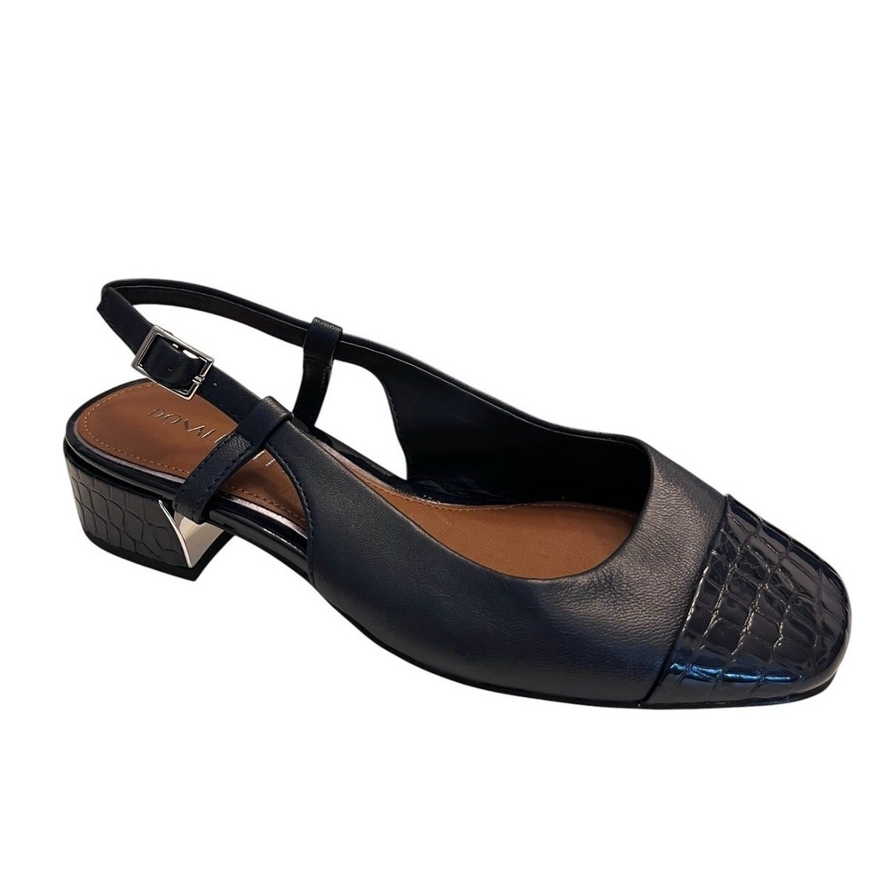 New DONALD PLINER Sz 6M Heels Davina Slingback Navy Blue Croc Embossed Cap Toe